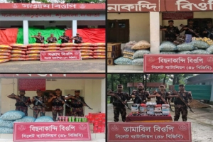  সিলেট সীমান্তে  পৃথক অভিযানে ৭৮ লাখ টাকার ভারতীয় চোরাচালানি জব্দ